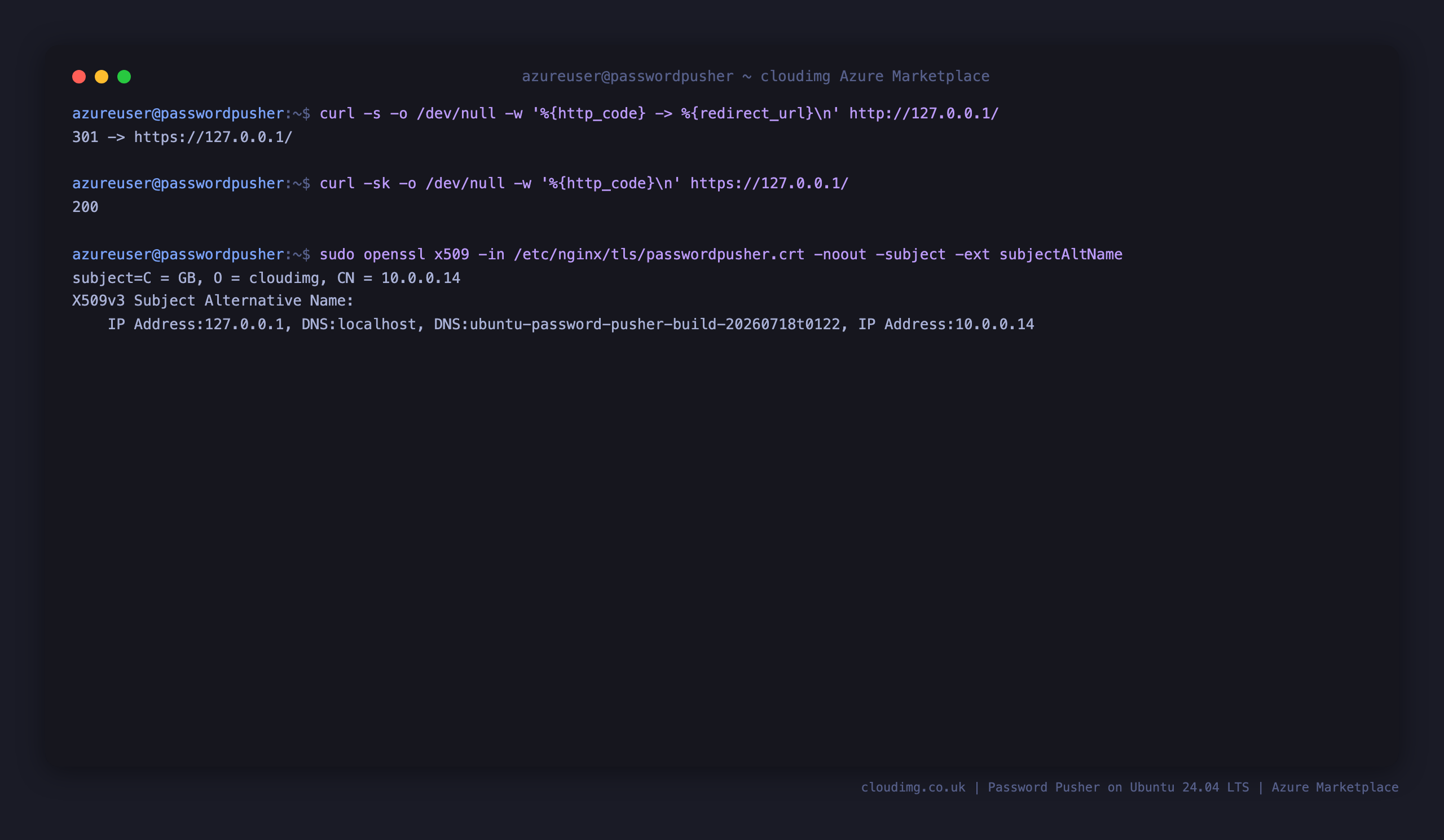 curl shows plain HTTP 80 returning a 301 redirect to https, the web UI returning HTTP 200 over TLS, and openssl printing the per VM self signed certificate subject and Subject Alternative Names