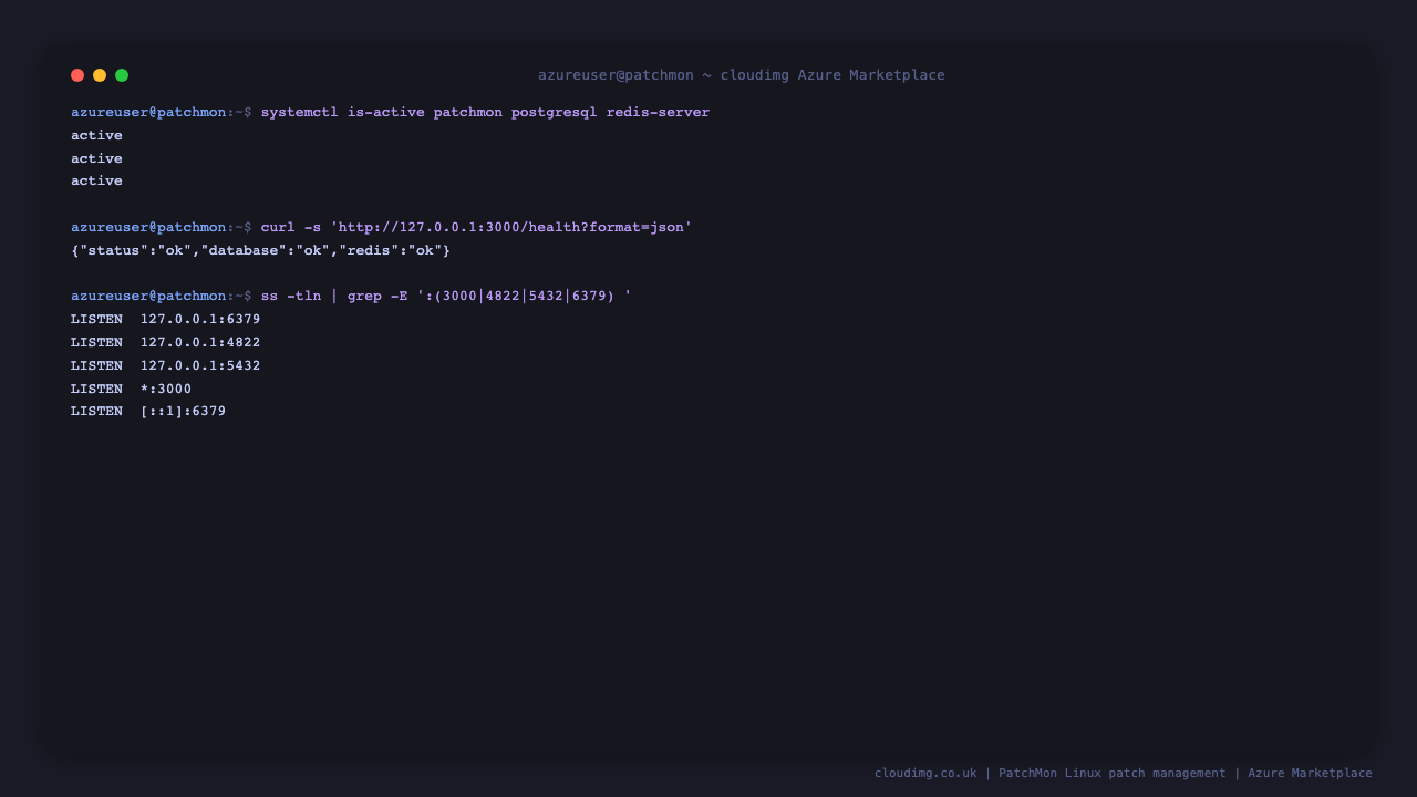 The PatchMon, PostgreSQL and Redis services reporting active, the health endpoint reporting the database and Redis both ok, and the listening ports with only 3000 published