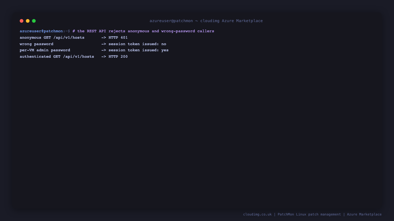 The REST API returning 401 to an anonymous caller, issuing no token for a wrong password, issuing one for the per VM administrator password, and returning 200 to the authenticated request
