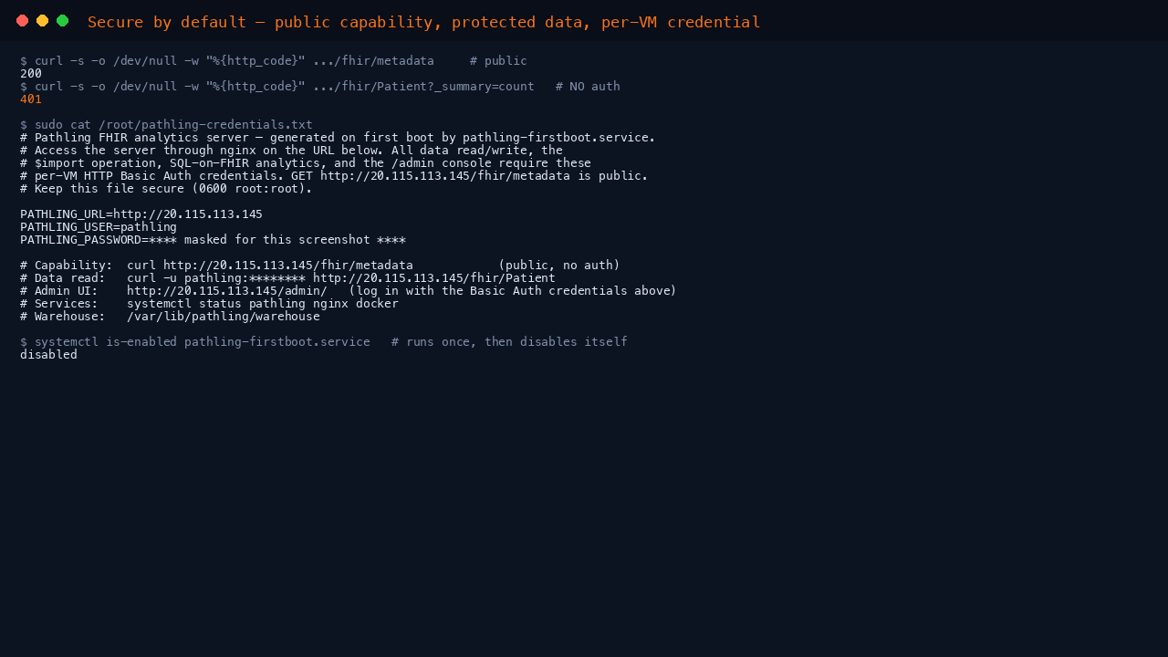 Terminal showing the per VM Pathling credentials file at /root/pathling-credentials.txt with mode 600 owned by root, listing the server URL, the pathling Basic Auth user and the per VM password, alongside proof that the public capability statement returns 200 while an unauthenticated data read is rejected with 401