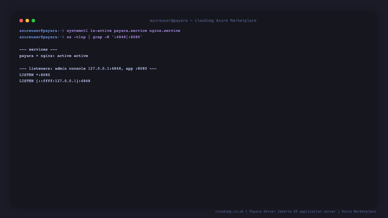 payara.service and nginx.service reporting active, with app traffic on 8080 and the loopback 4848 admin console listener