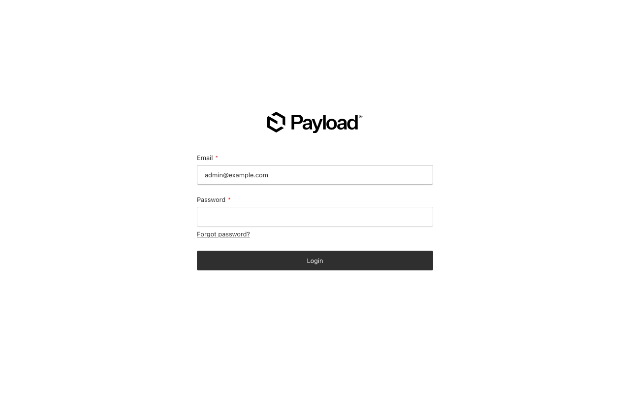 The Payload admin sign in page with the Email and Password fields