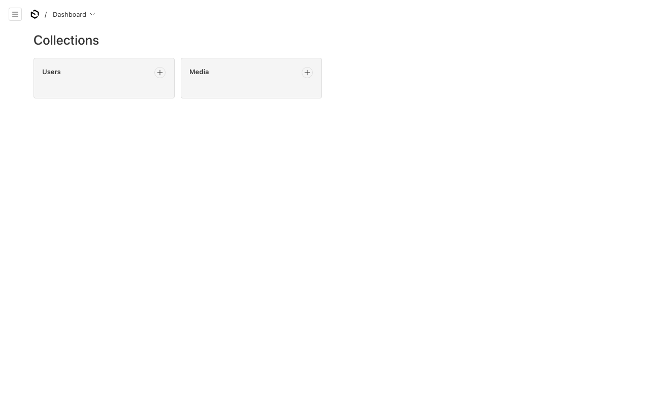 The Payload admin dashboard listing the Users and Media collections