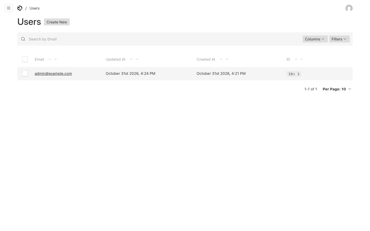 The Users collection in the Payload admin panel with the single administrator account