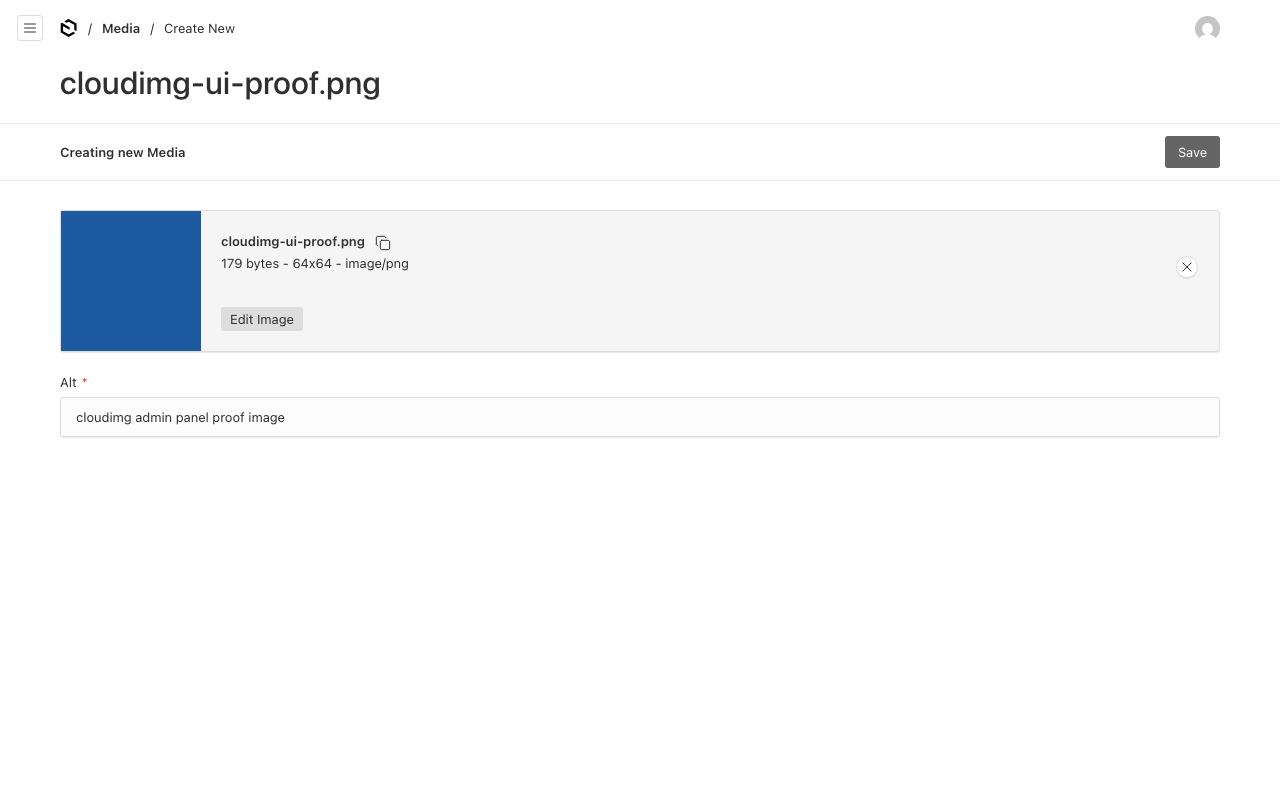 Uploading an image to the Media collection in the Payload admin panel