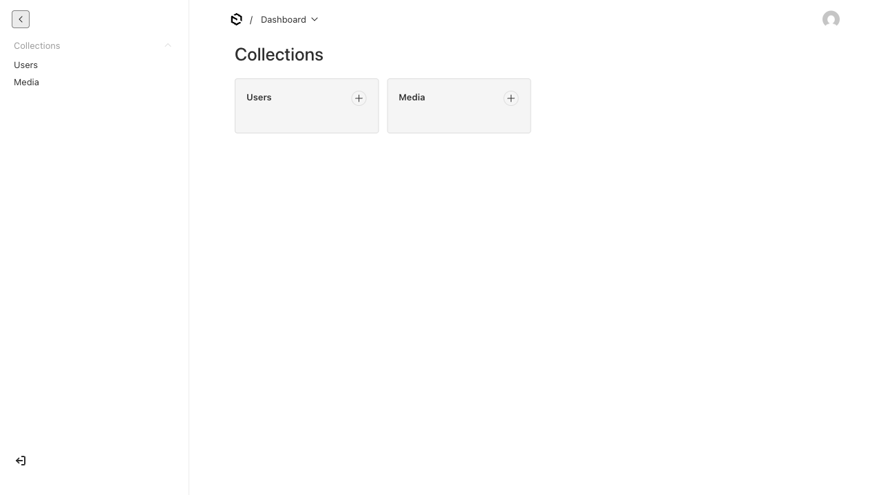 The Payload admin dashboard listing the collections