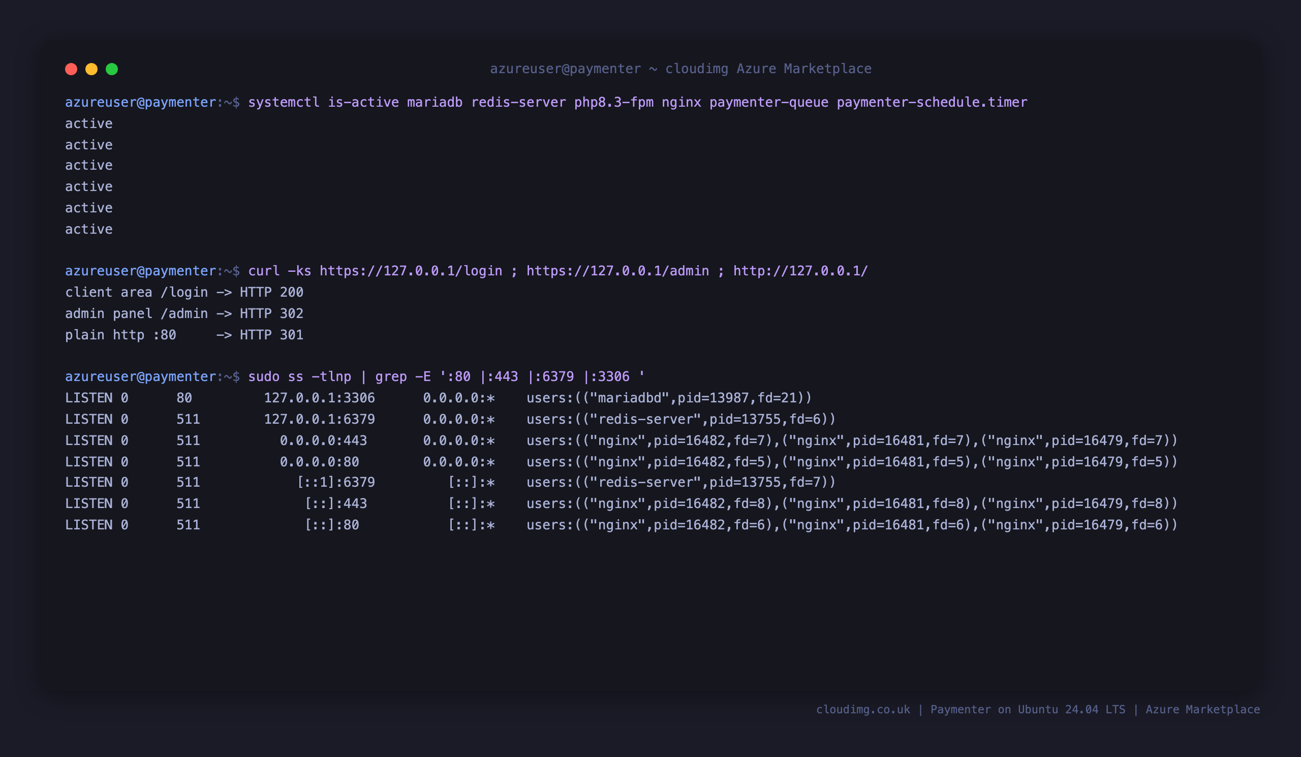 Service status, HTTPS endpoints and listening ports