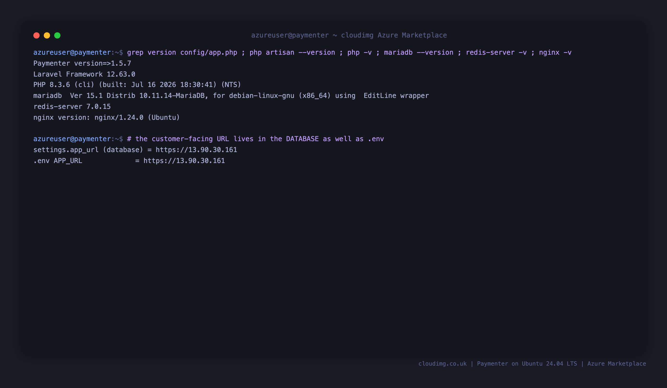 Stack versions and the app URL in both .env and the database