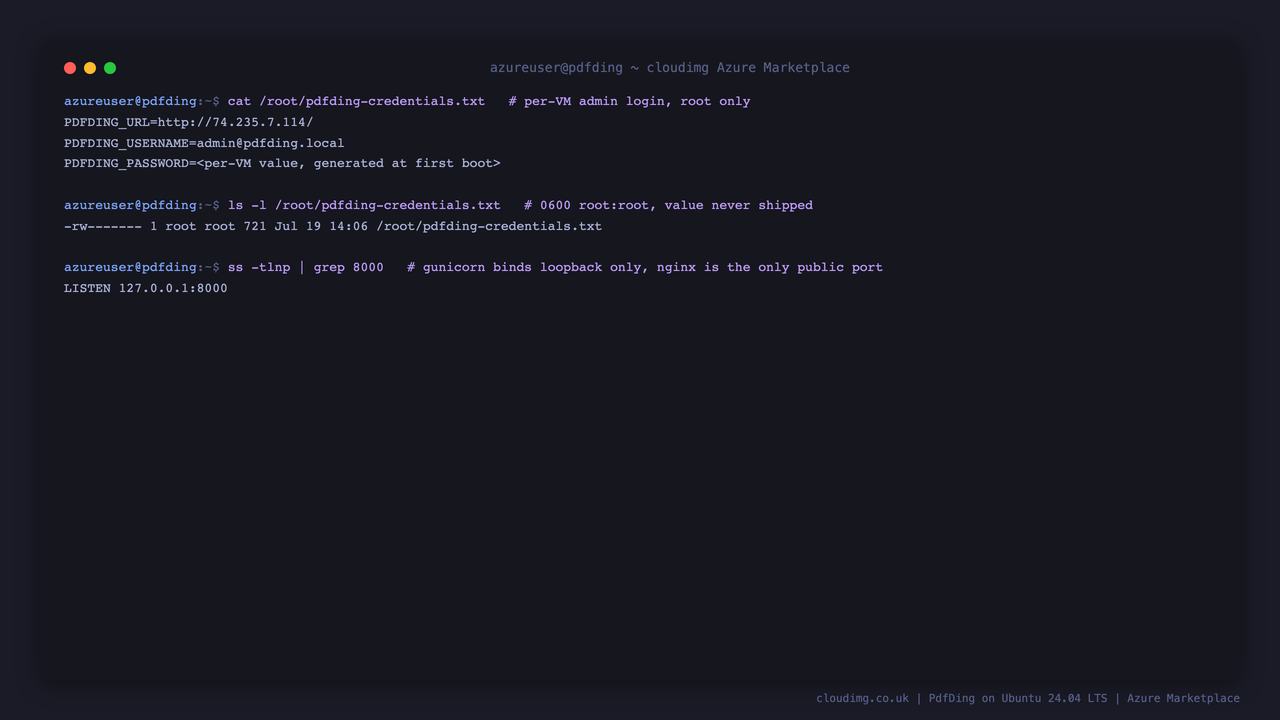 The per VM credentials file showing the generated admin email address, the instance URL and a masked password, alongside its 0600 root only file permissions