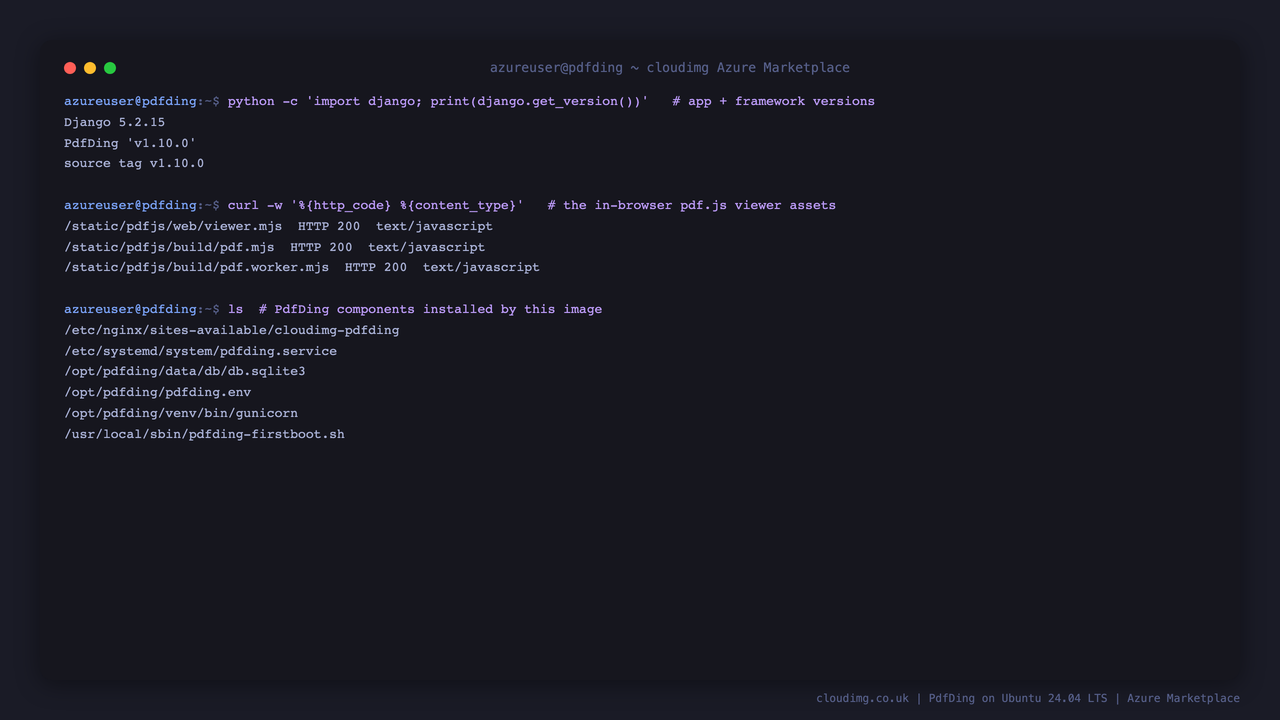 The installed Django and PdfDing versions, the gunicorn binary, SQLite database and systemd unit paths, and the pdf.js viewer assets returning 200