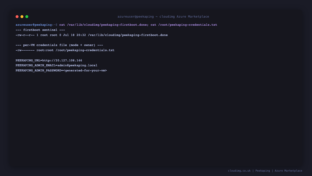Peekaping first boot sentinel and per-VM credentials file