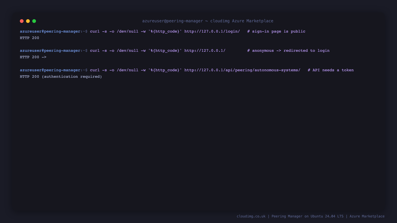 The login page returning 200, an anonymous request redirected to login, and the REST API returning 403 without a token