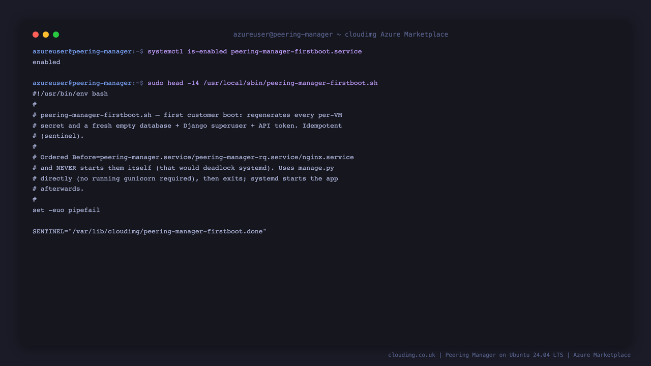 The peering-manager first boot service is enabled and its script header describing the per VM secret rotation