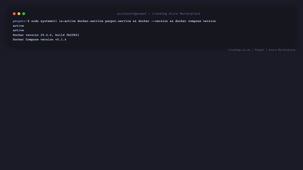 Docker and Penpot systemd services reporting active with Docker and Compose versions