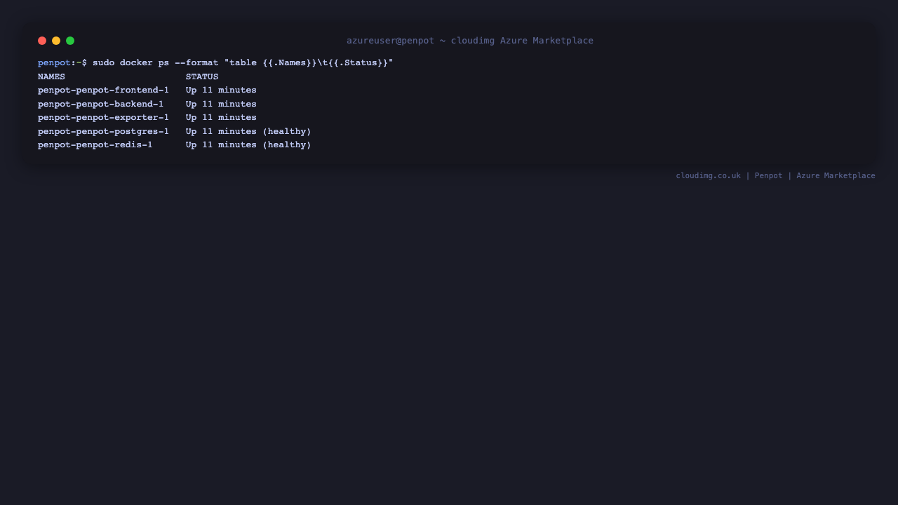 Penpot Docker Compose containers running and healthy