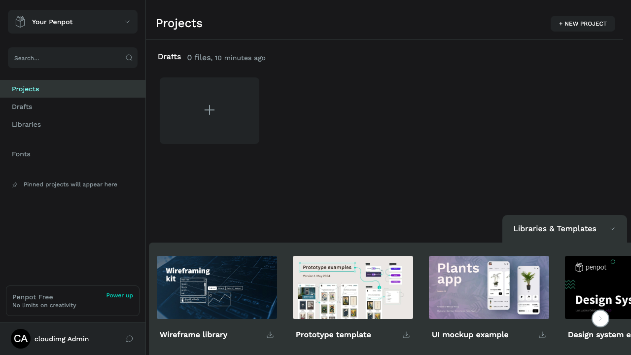 The Penpot projects dashboard after signing in