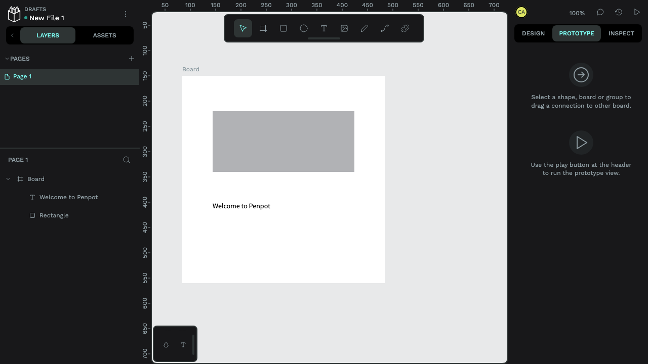 The Penpot prototype and interactions view