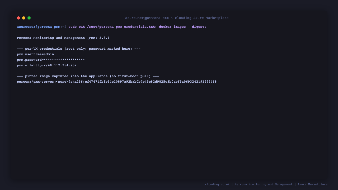 The PMM version, the per-VM credentials file showing the admin username and generated password and the dashboard URL, and the pinned pmm-server image digest captured into the appliance