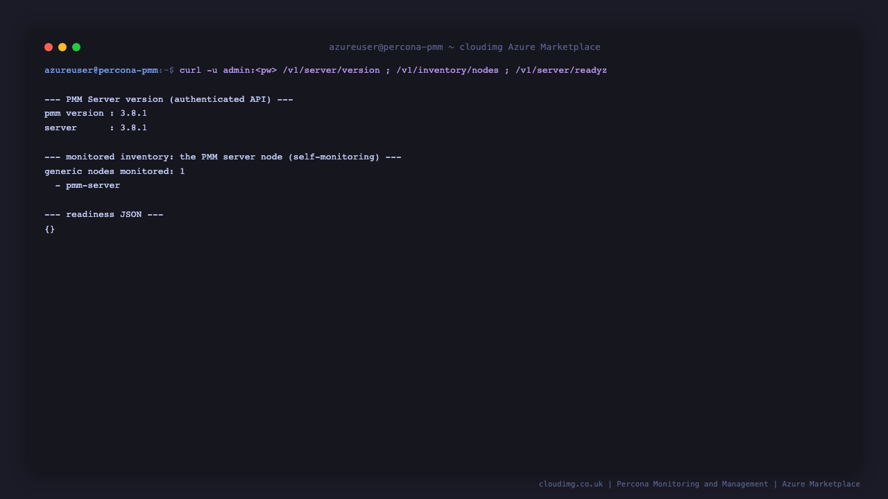 An authenticated call to the PMM version and inventory APIs showing PMM 3.8.1 and the self-monitored pmm-server node