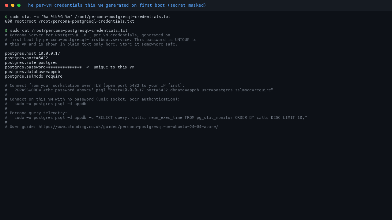 Terminal showing the per VM credentials file at /root/percona-postgresql-credentials.txt with mode 600 owned by root, listing the postgres host, port 5432, the postgres role, the per VM password masked for publication, the default database appdb and sslmode require, followed by ready to paste connection strings for remote TLS access and local socket access