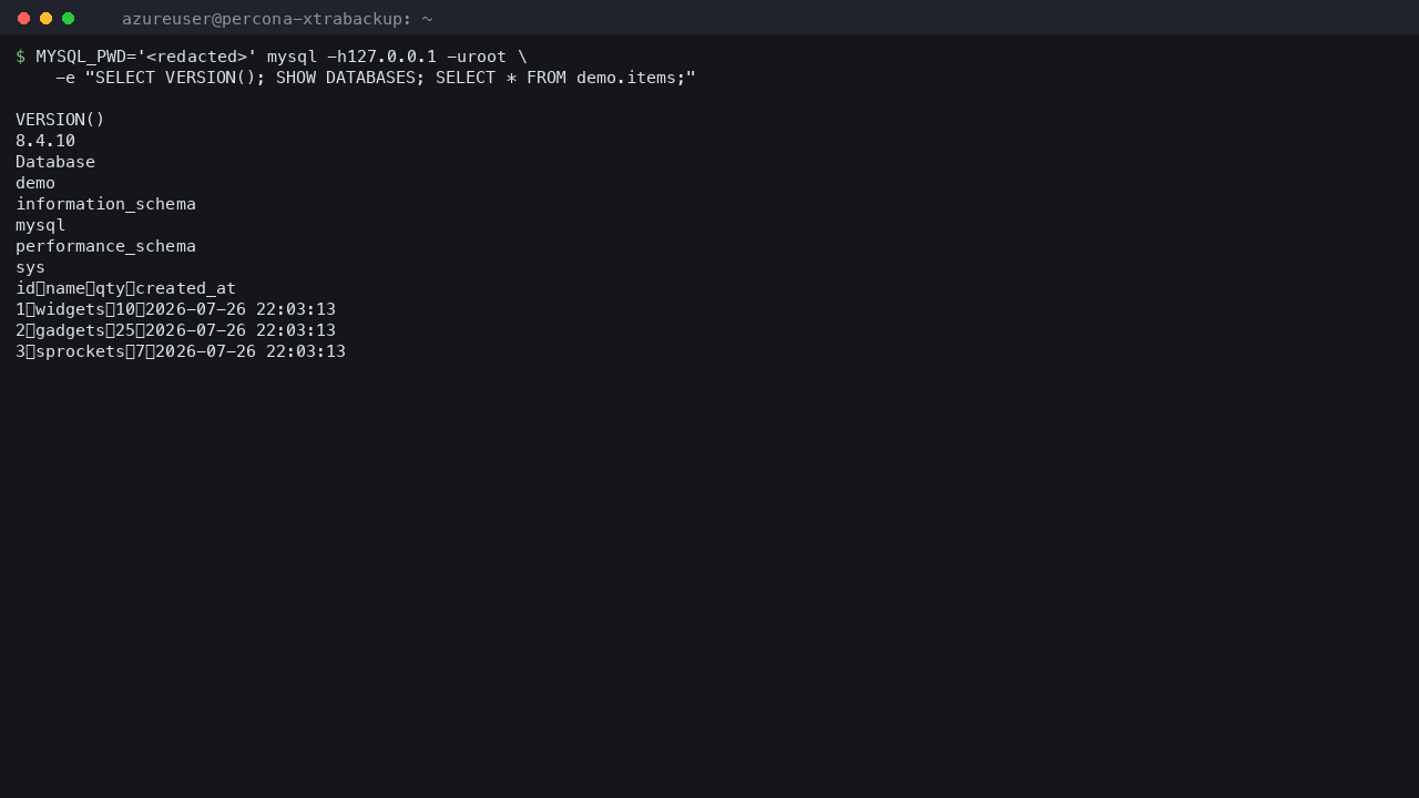 MySQL version, database list and seeded demo data
