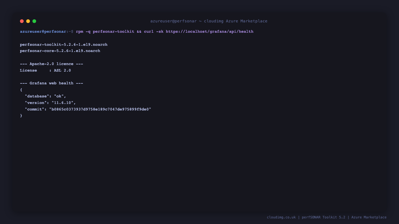 perfSONAR package version, Apache-2.0 licence, and Grafana health