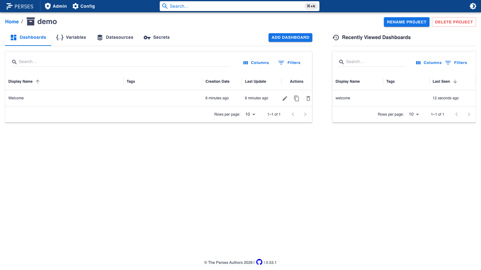 The demo project view with a Dashboards tab listing the Welcome dashboard with creation and update times and edit, duplicate and delete actions, alongside tabs for Variables, Datasources and Secrets