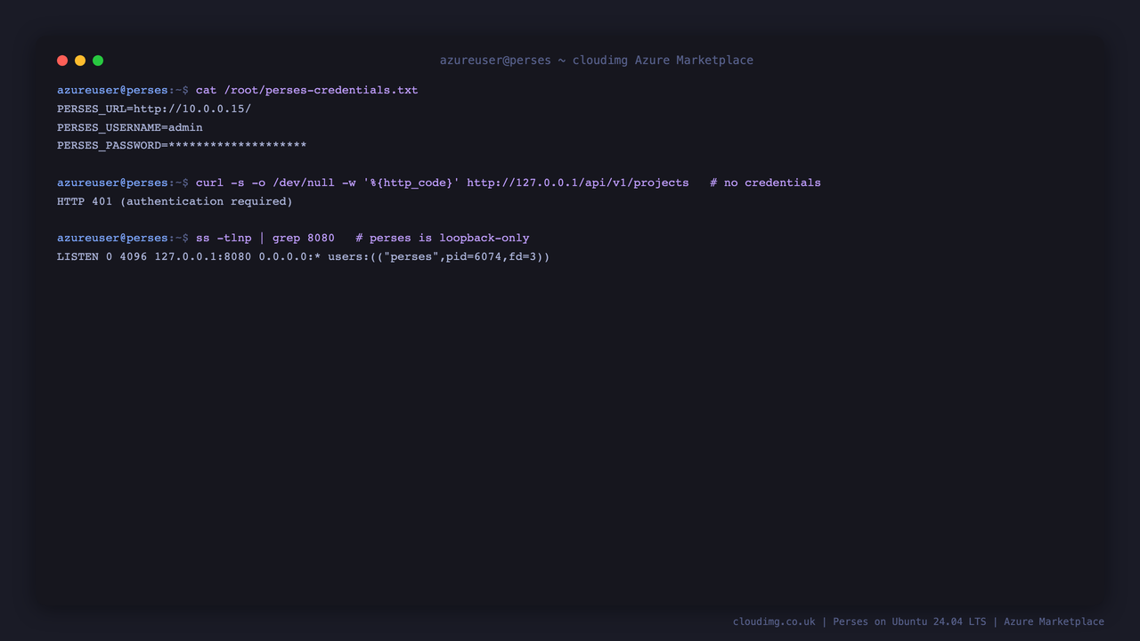 The per VM credentials note with the password, an unauthenticated API request returning 401, and Perses bound to loopback 127.0.0.1:8080 only