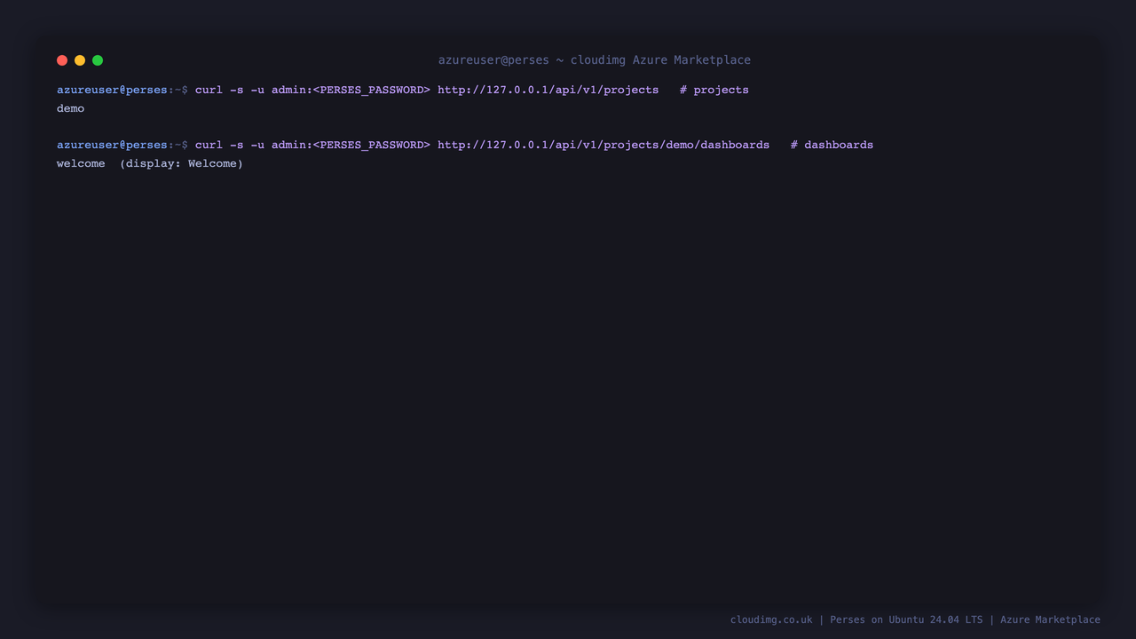 The REST API returning the seeded demo project and its welcome dashboard, authenticated with the per VM password