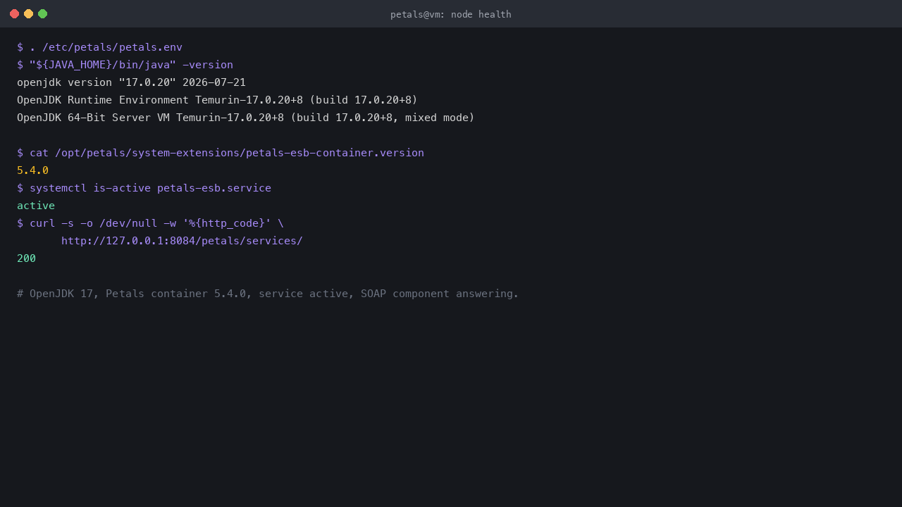Petals ESB node health: OpenJDK 17, Petals container 5.4.0, the petals-esb service active and the SOAP binding component answering 200 on loopback