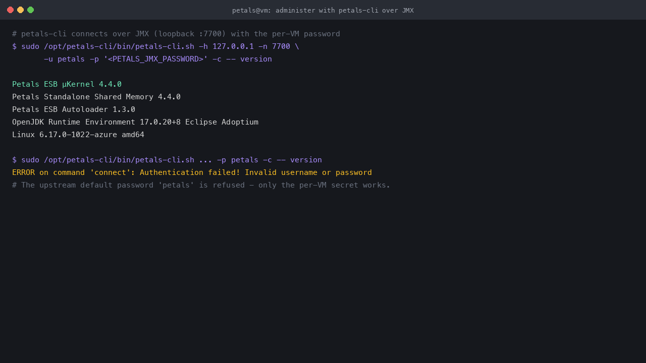 Petals ESB administration with petals-cli over JMX: the version command reports the running container, authenticated with the rotated per-VM password