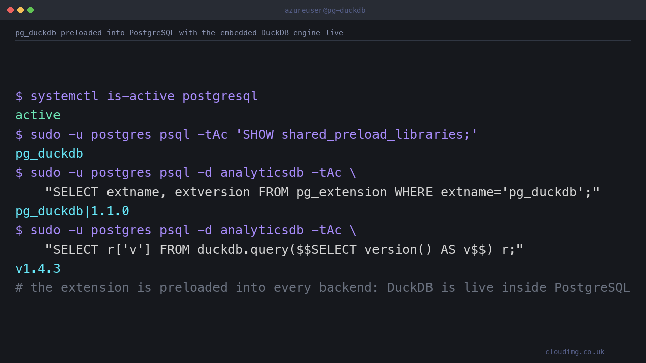 PostgreSQL active under systemd with pg_duckdb preloaded and the embedded DuckDB engine reporting its version