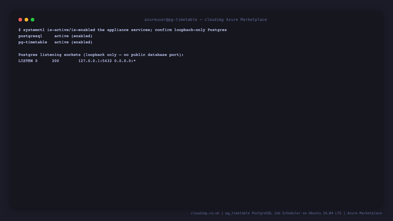 The postgresql and pg-timetable services both report active and enabled, and ss shows PostgreSQL listening only on 127.0.0.1:5432 with no public database port