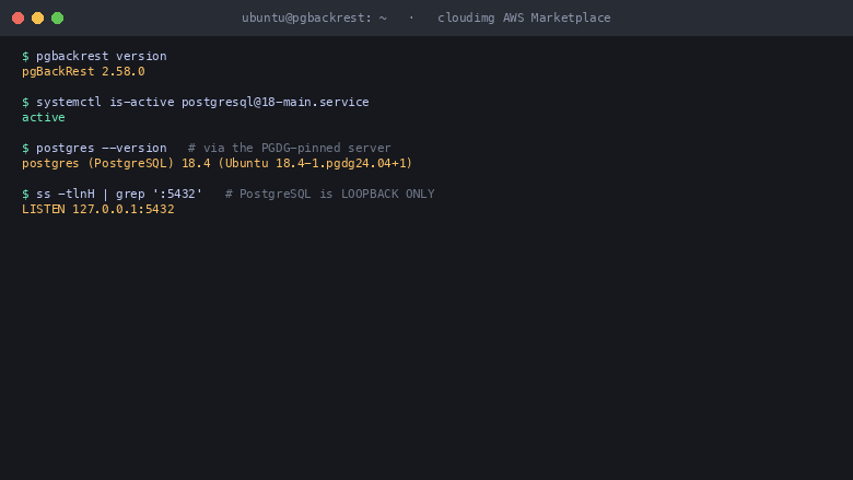 pgBackRest 2.58.0 and PostgreSQL 18 running on the instance with the database bound to the loopback address 127.0.0.1:5432 only