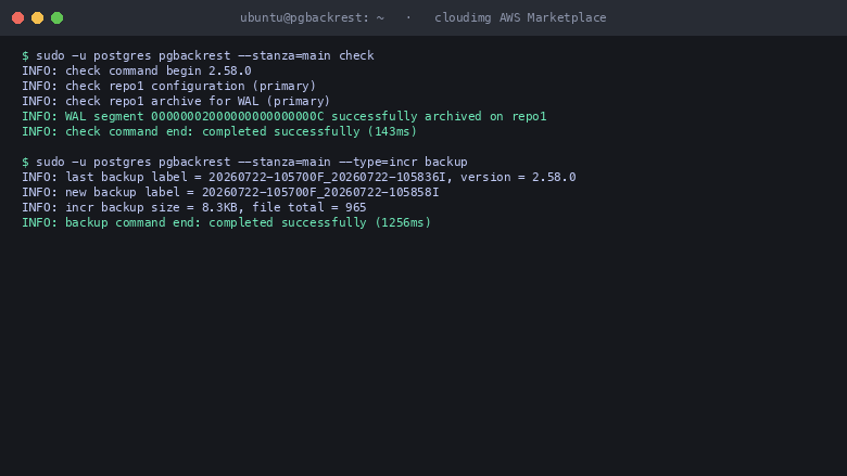 pgbackrest check validating the configuration, repository and WAL archiving, then an incremental backup completing successfully on the running instance