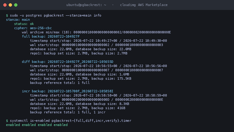 pgbackrest info showing the aes-256-cbc encrypted repository with full, differential and incremental backups and all four scheduled timers enabled
