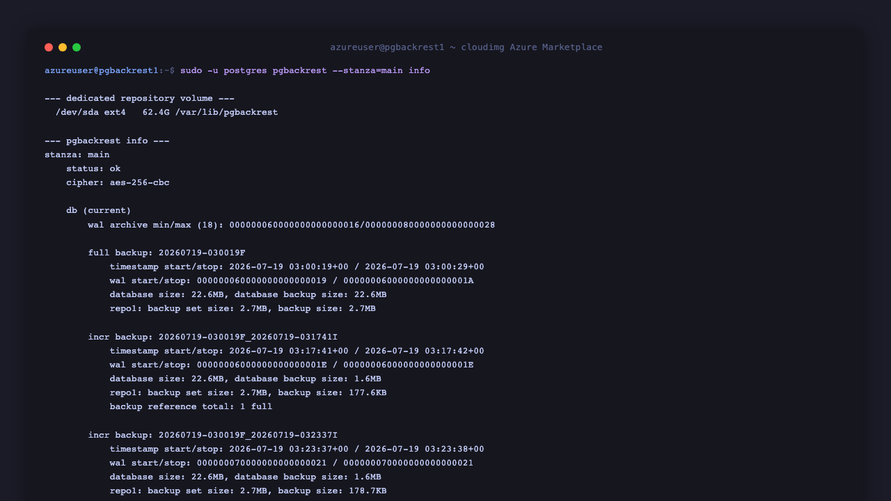The pgBackRest info command reporting the main stanza with status ok, an aes two five six cbc encrypted repository, the archived write ahead log range, and the initial full backup taken automatically at first boot with its start and stop timestamps and sizes