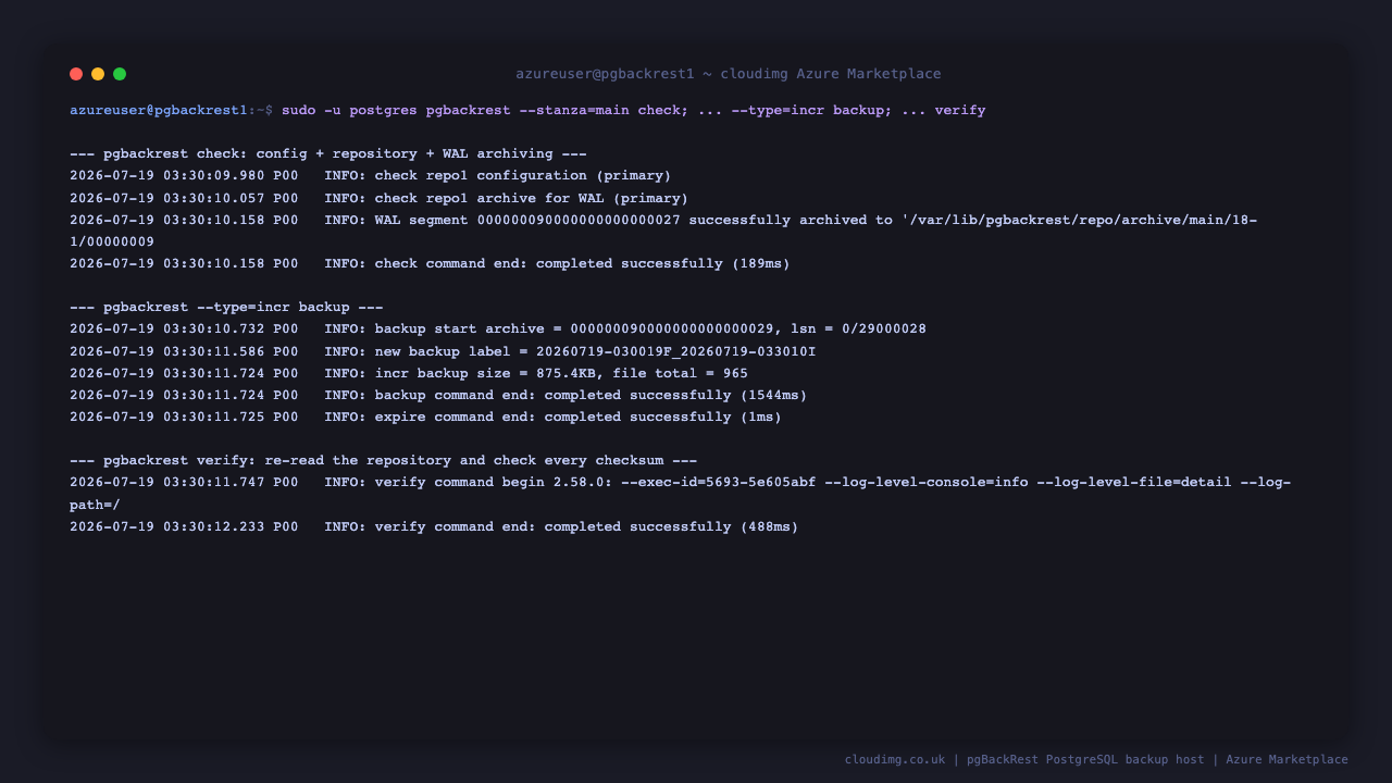 A pgBackRest check confirming the repository configuration and that a write ahead log segment was successfully archived, followed by an incremental backup completing and a verify command reading the repository back and completing successfully