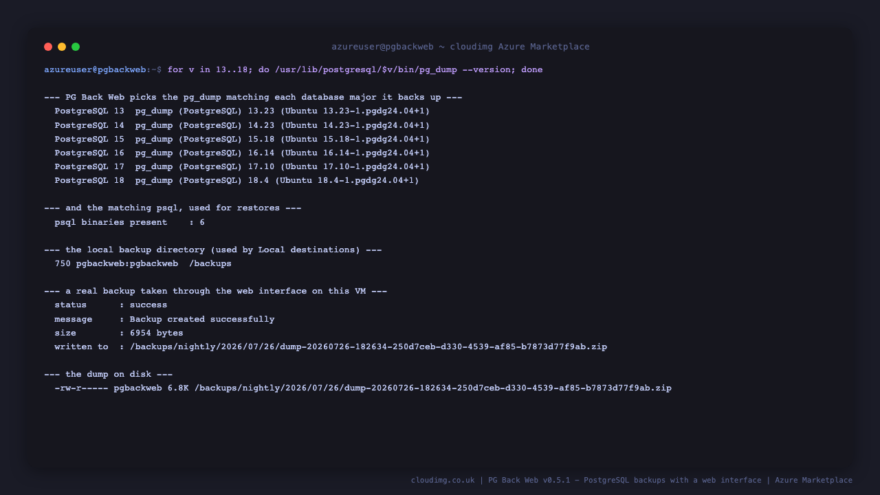 Terminal output listing pg_dump for PostgreSQL 13 through 18 with their exact versions, six psql binaries present, the local backup directory at mode 750, and a real backup execution recorded as success with its size and path