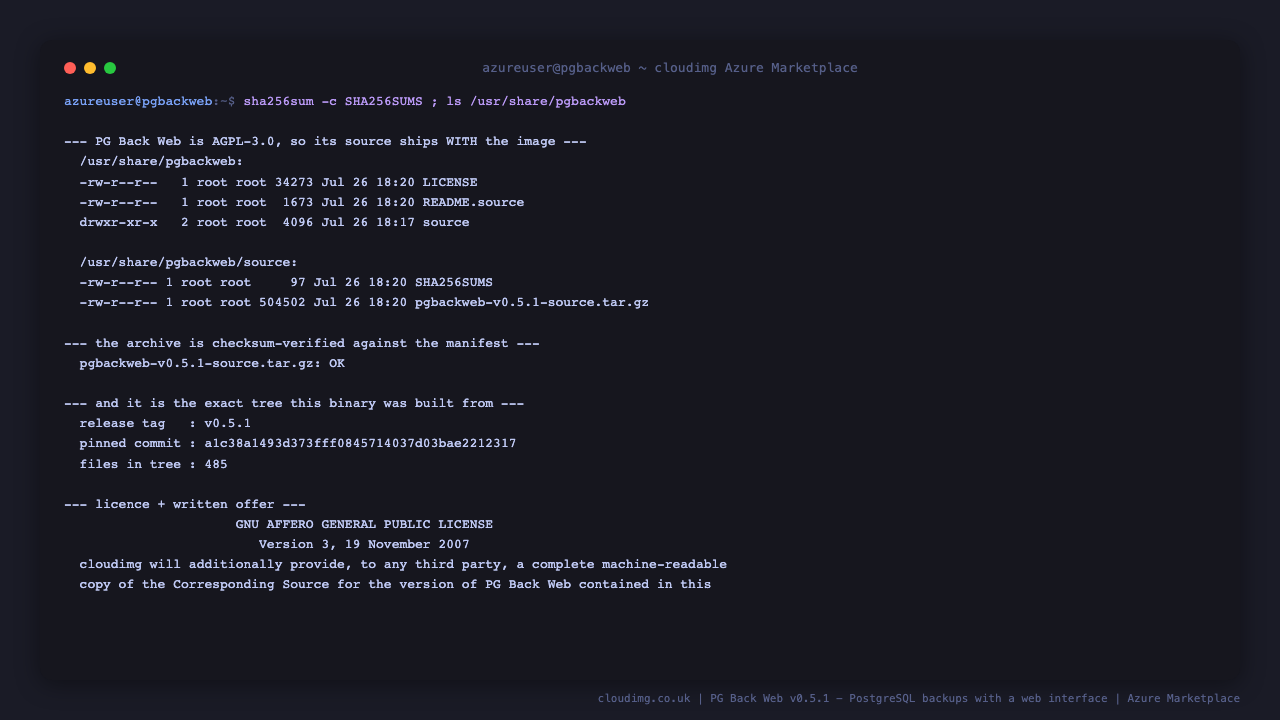 Terminal output listing the AGPL licence text, written offer and source archive under /usr/share/pgbackweb, the archive verifying OK against its SHA256SUMS manifest, and the release tag and pinned upstream commit it was built from