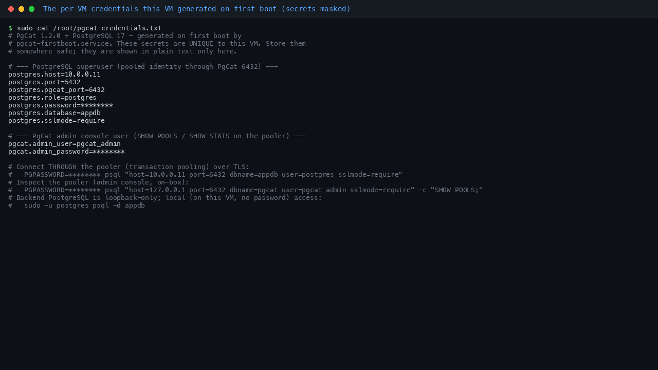 Terminal showing the per VM credentials file at /root/pgcat-credentials.txt with mode 600 owned by root, listing the postgres host, ports 5432 and 6432, the postgres role, the per VM password (masked), database appdb, sslmode require, and the pgcat admin user pgcat_admin with its own per VM password (masked)