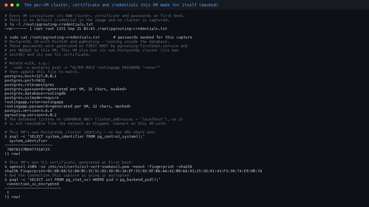 The credentials file is 0600 root root and both passwords are masked as generated per VM 32 chars, alongside this VM's own PostgreSQL cluster system identifier, its own first boot TLS certificate SHA256 fingerprint, and a pg_stat_ssl check confirming the connection is encrypted