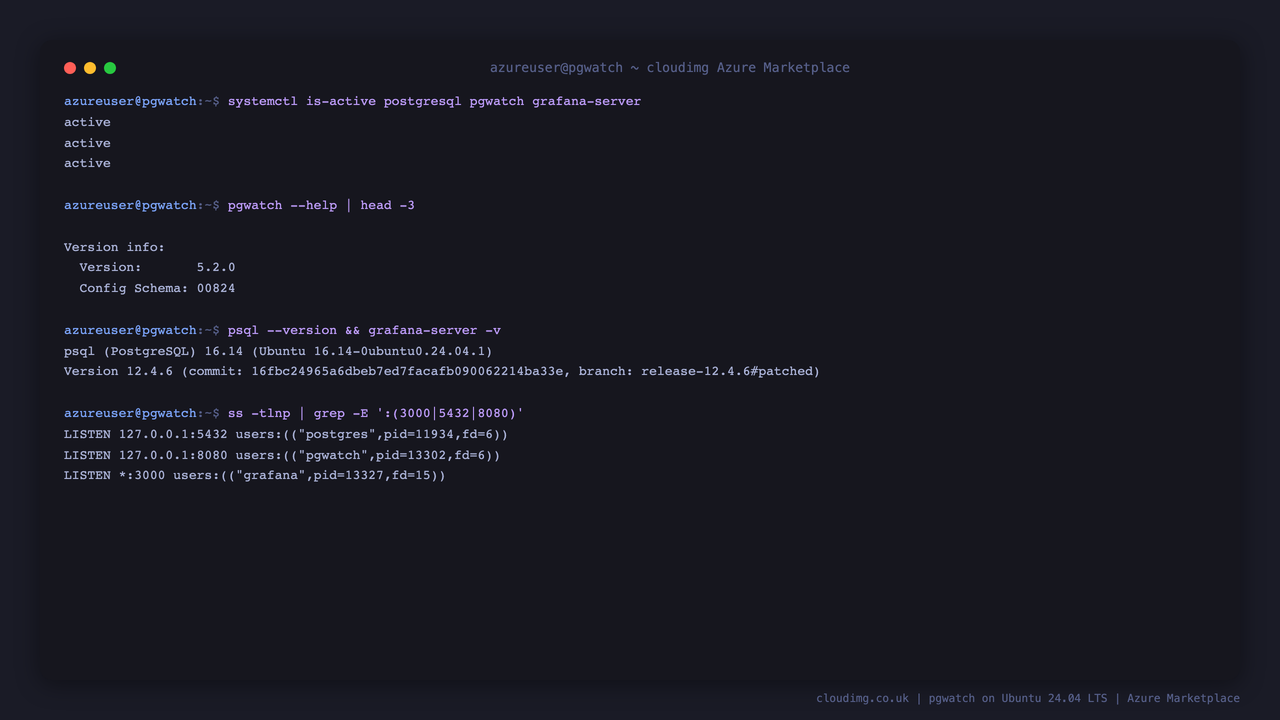 pgwatch services, versions and bound ports on a freshly deployed VM