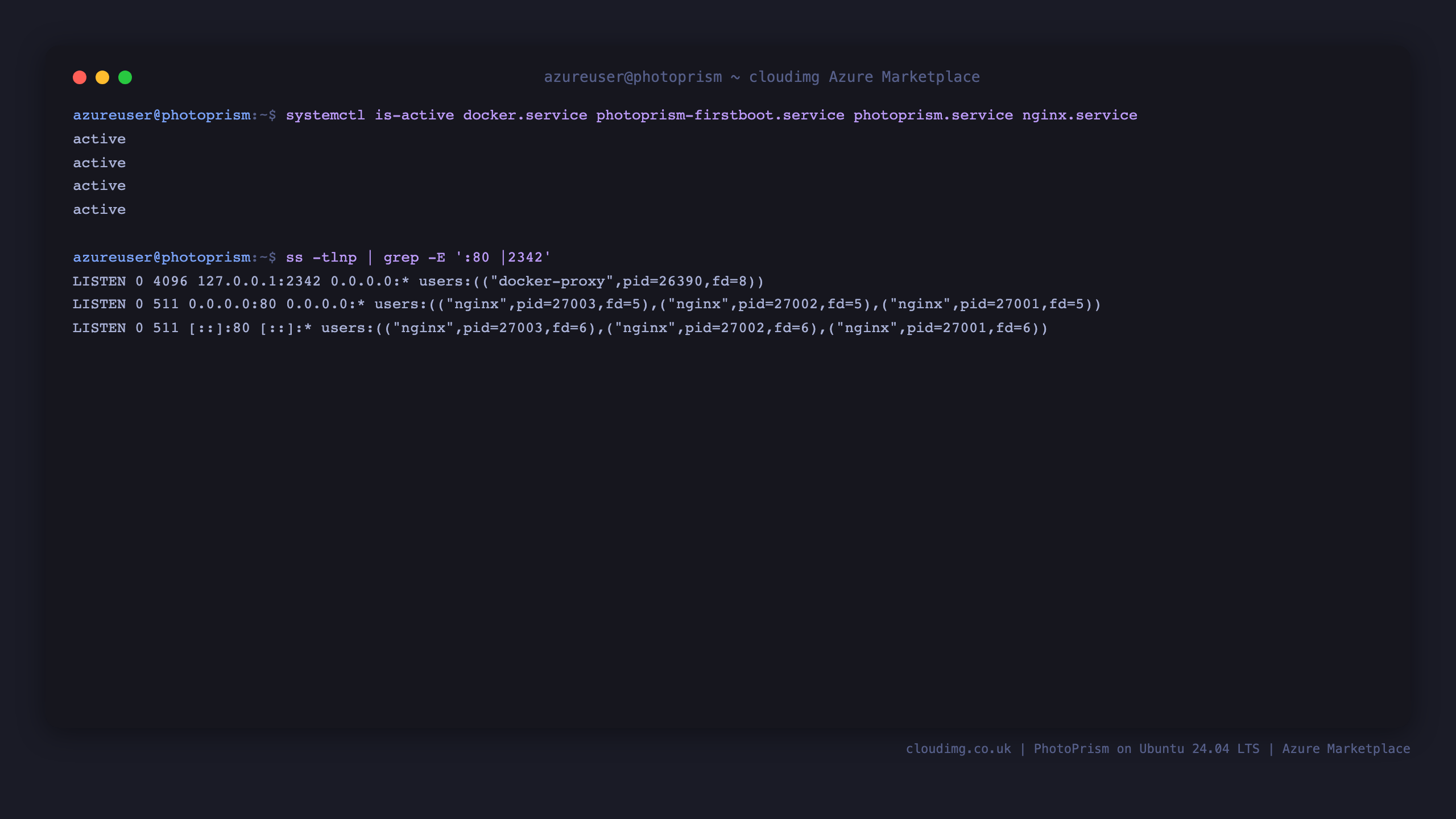 Docker, first-boot, PhotoPrism and nginx systemd services active, with nginx public on port 80 and PhotoPrism on loopback 2342