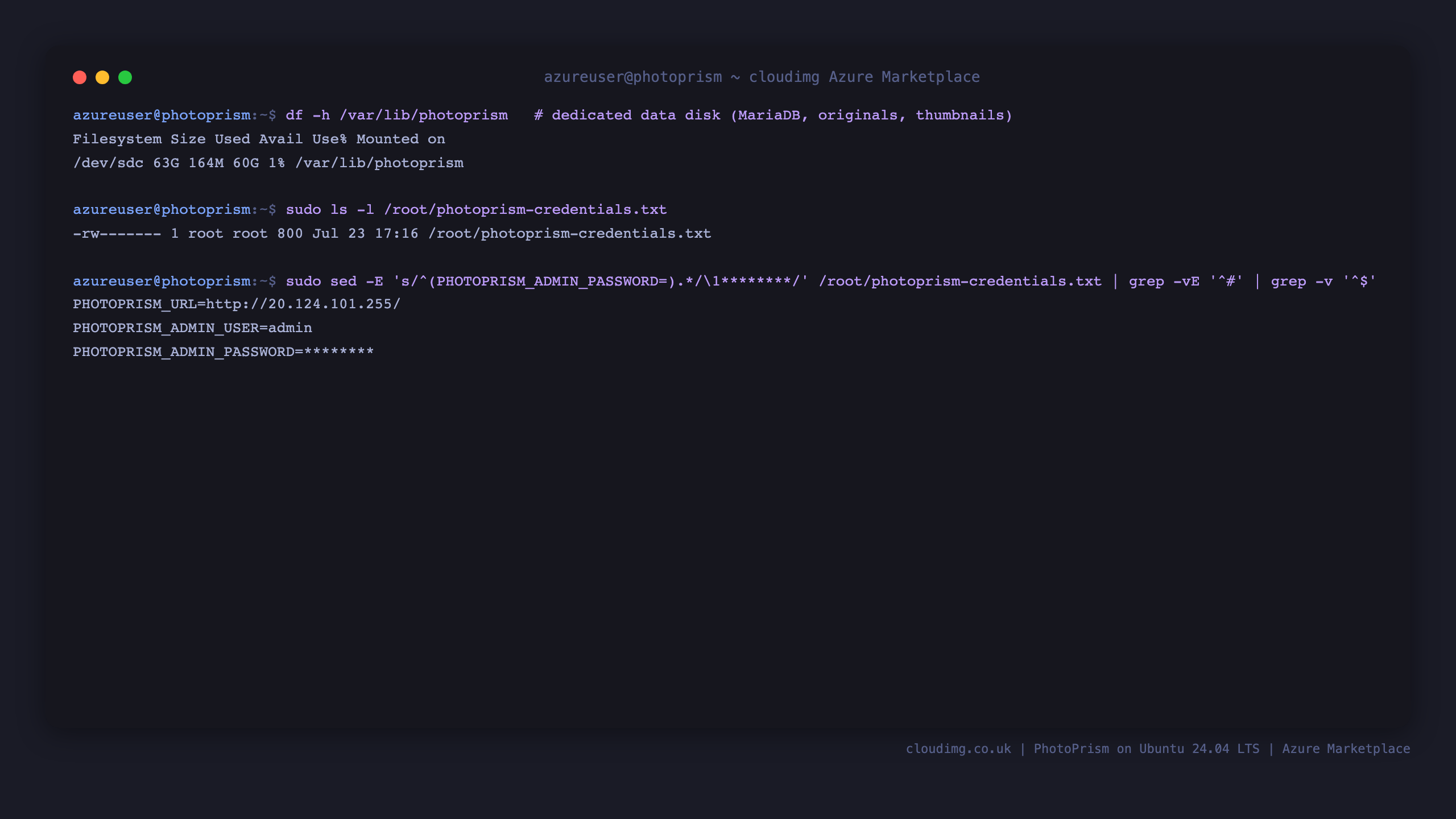 The dedicated PhotoPrism data disk mounted at /var/lib/photoprism and the root-only per-VM credentials file with the password redacted