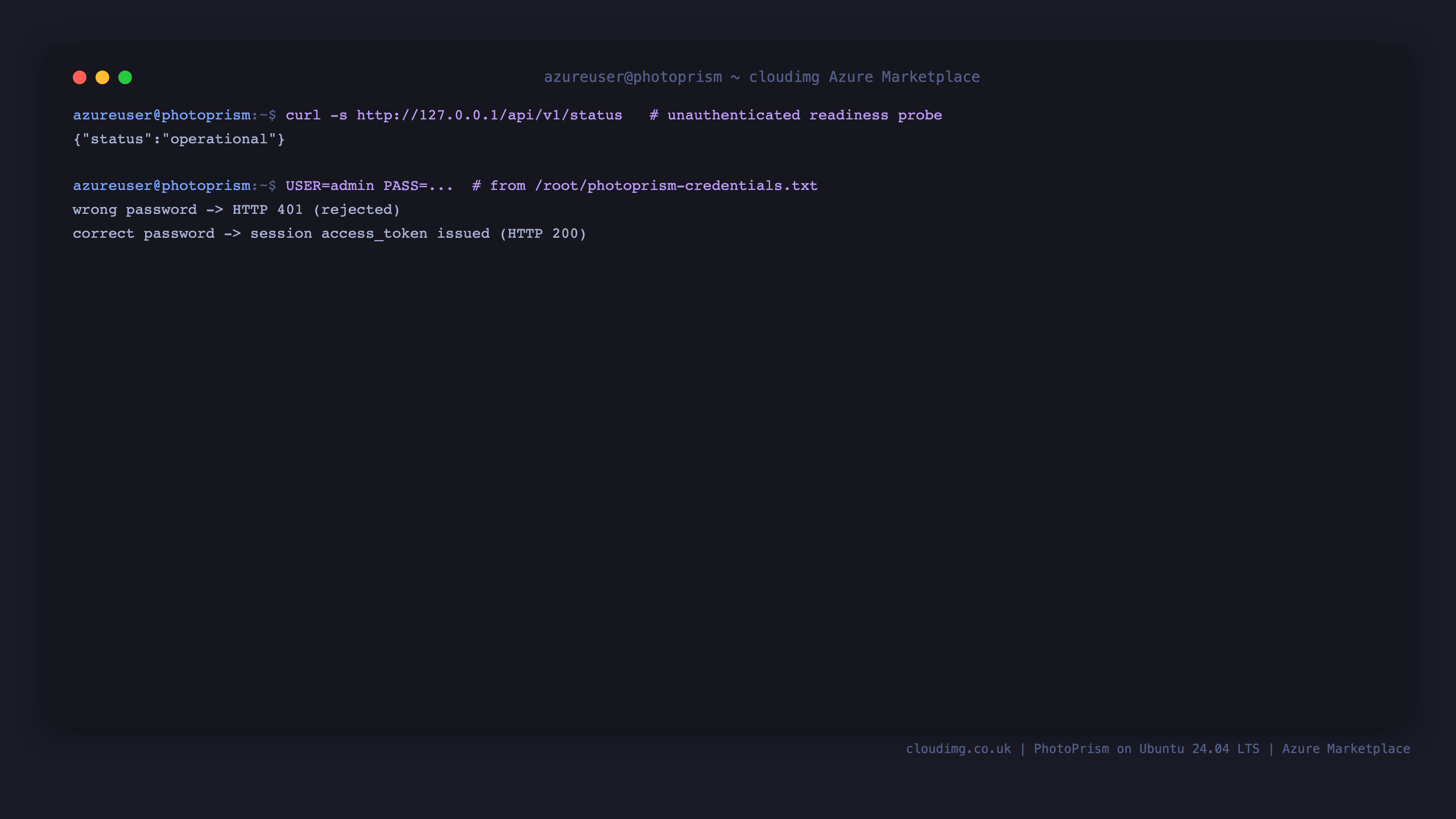 PhotoPrism serving through nginx: the status endpoint operational, a wrong password rejected and the per-VM admin authenticated end to end
