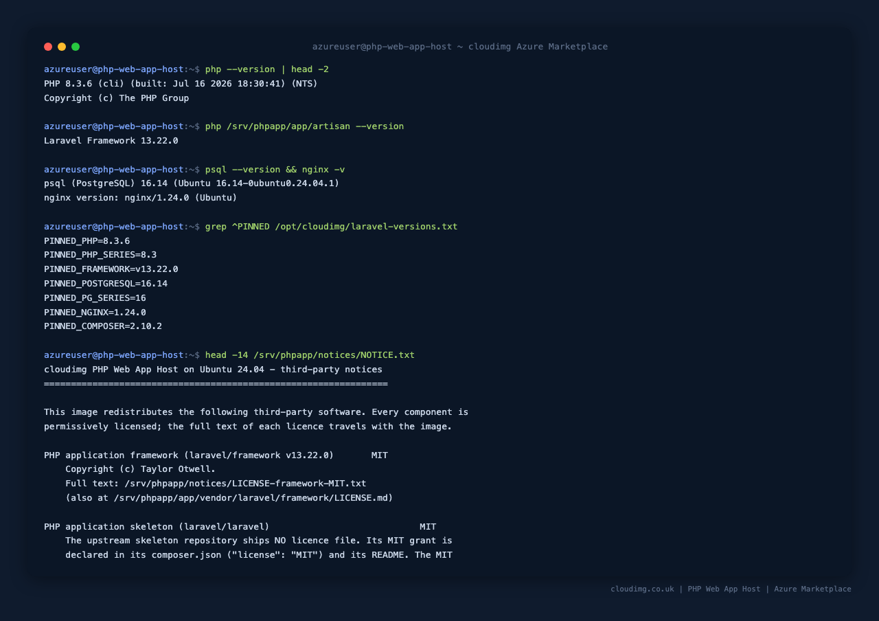The installed PHP and framework versions, the pinned version record, and the third-party notices that ship with the image