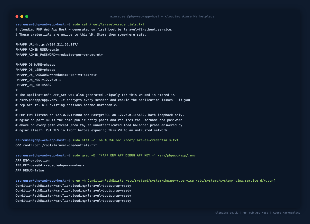 Retrieving the per-VM credentials, their file permissions, the production environment settings, and the first-boot marker every service waits on