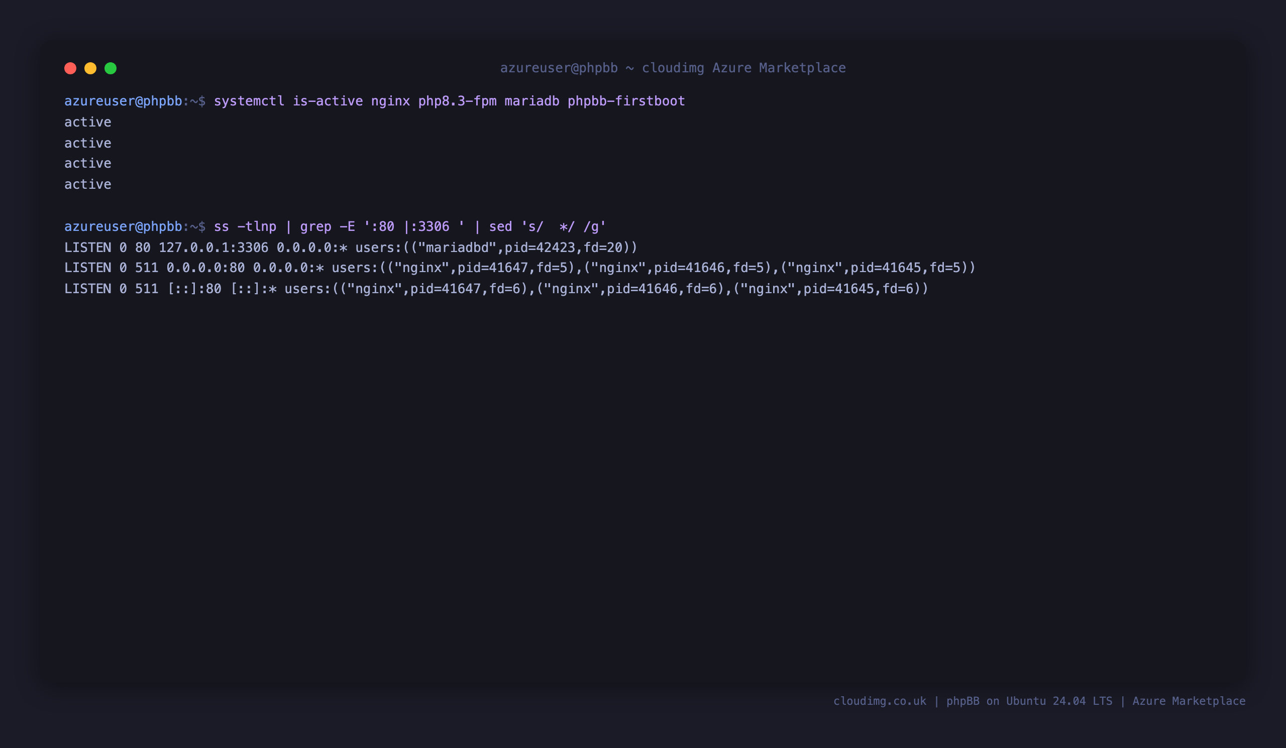The nginx, php8.3-fpm, mariadb and phpbb-firstboot services active, with nginx on port 80 and MariaDB bound to loopback 127.0.0.1:3306