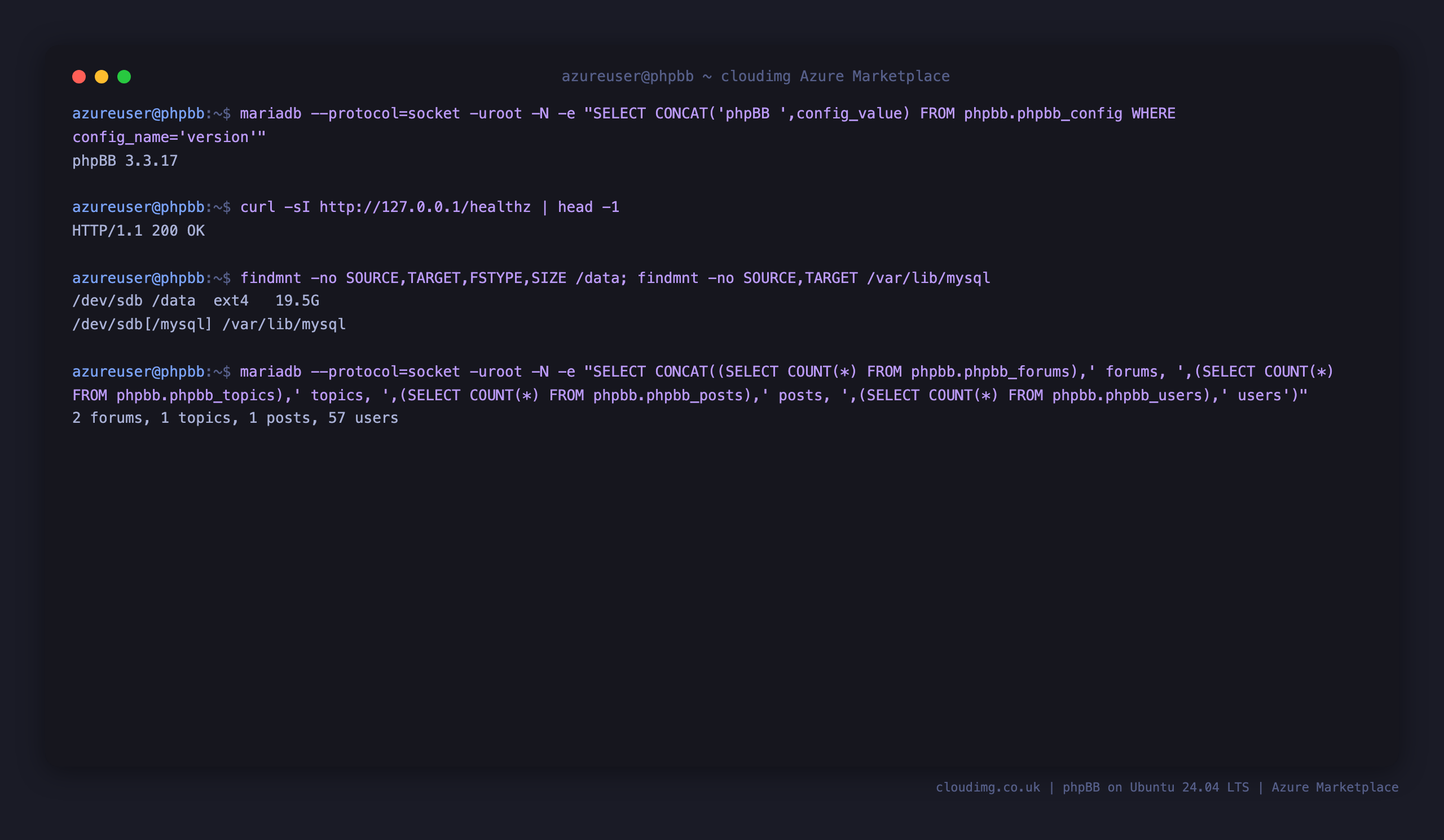 The phpBB version, the healthz endpoint returning 200, the ext4 data disk mounted at /data and bind mounted onto /var/lib/mysql, and the forum, topic, post and user counts